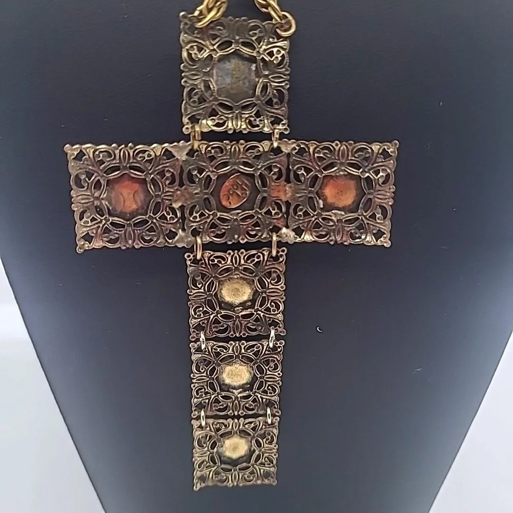 Vintage Hobe Necklace Gold Tone Filigree Enamel Articulated Large Cross RARE